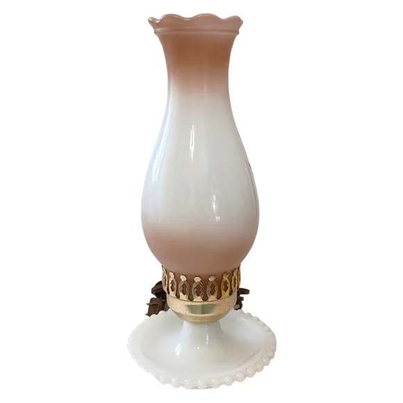 Milk Glass Hurricane Lamp Boudoir Bedside Table Light Floral Hobnail Edge Vtg. - Picture 6 of 16